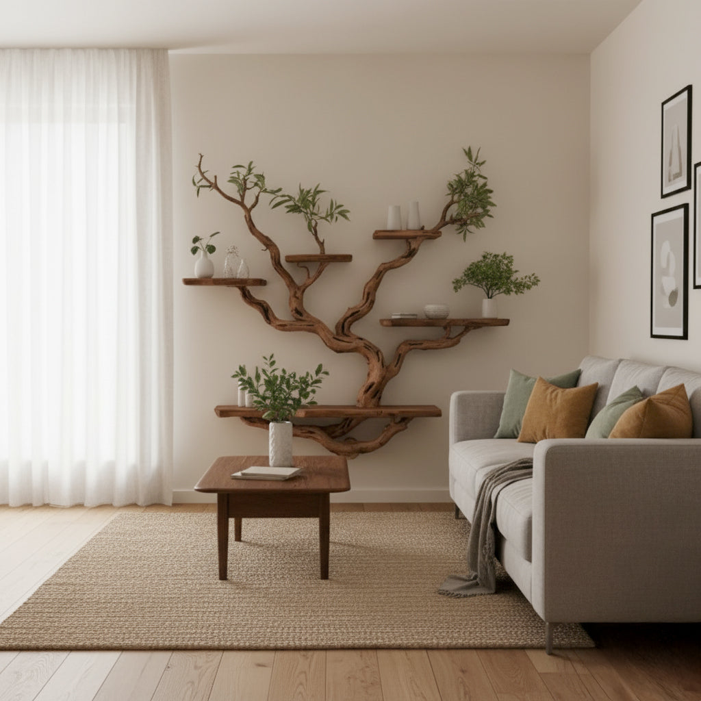 Modern living room with gray sofa, wooden coffee table, and unique tree branch wall shelves with plants