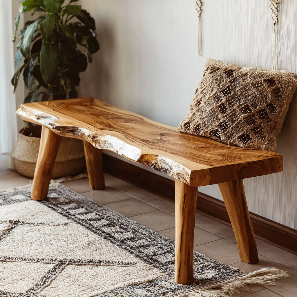 Live Edge Acacia Wood Bench: Rustic Modern Entryway Accent