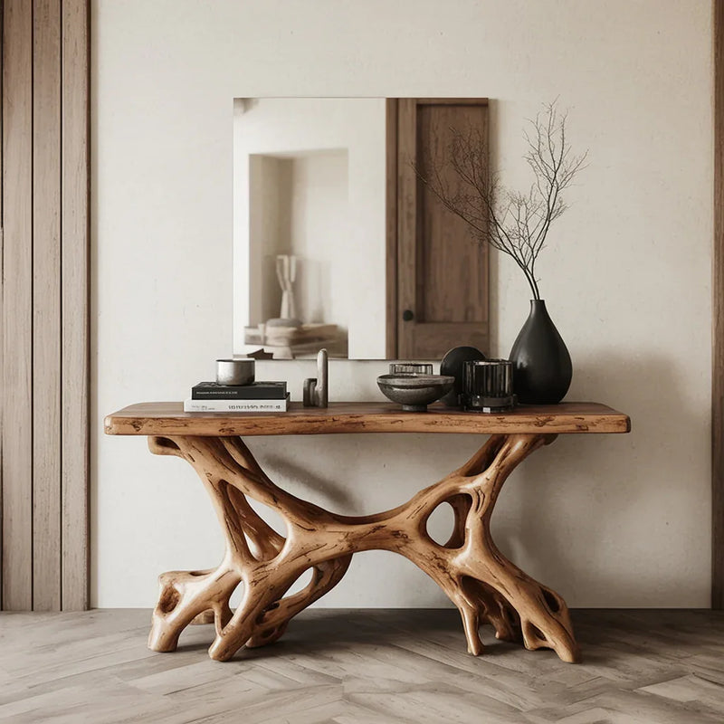 Live edge solid wood console table with sculptural base, minimal decor, and wall mirror