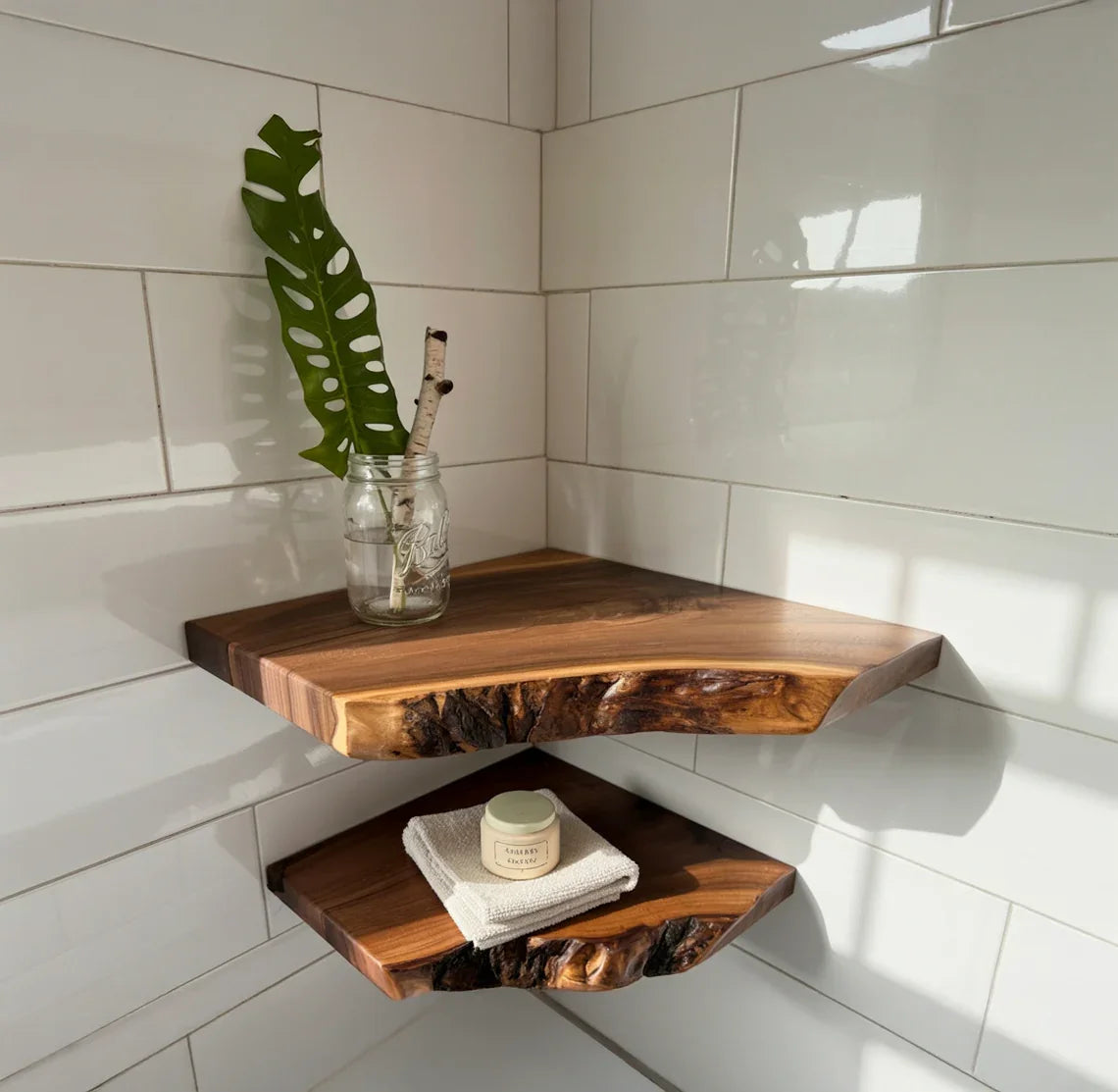 Corner Live Edge Wooden Floating Shelf – Rustic Walnut Christmas Décor & Gift