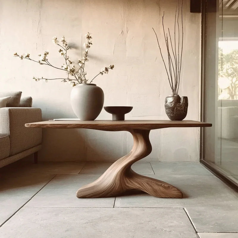 Live edge solid wood coffee table with sculpted base, modern vases, minimalist living room