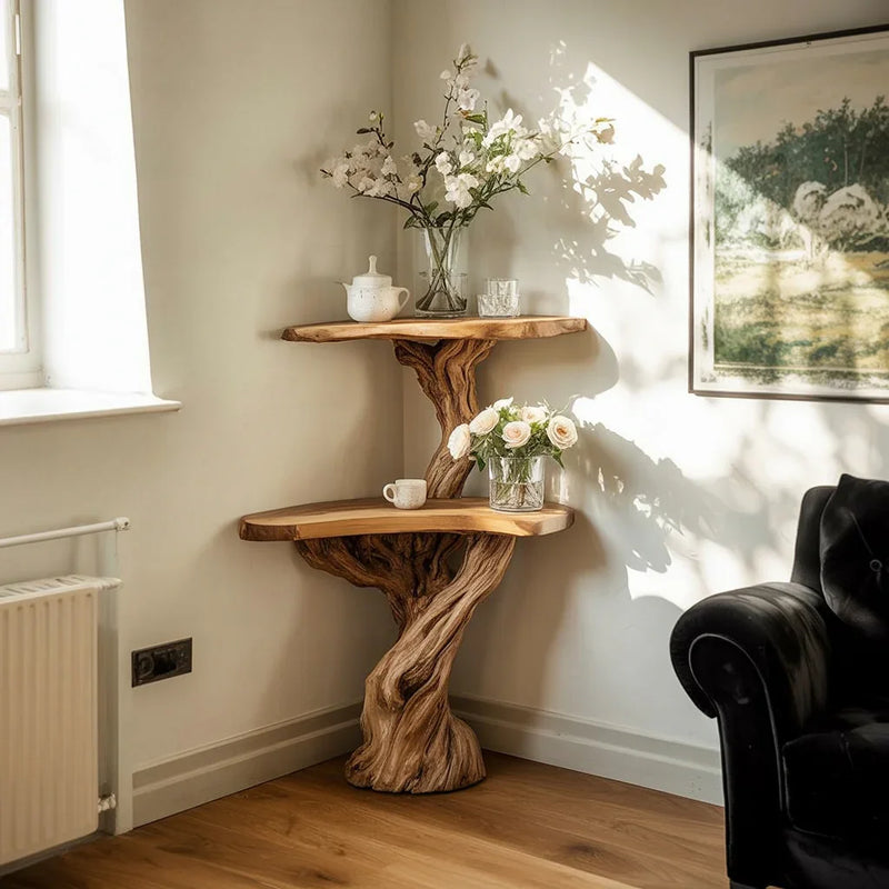Live edge solid wood corner shelf with natural tree design, decorated with flowers in a bright living room