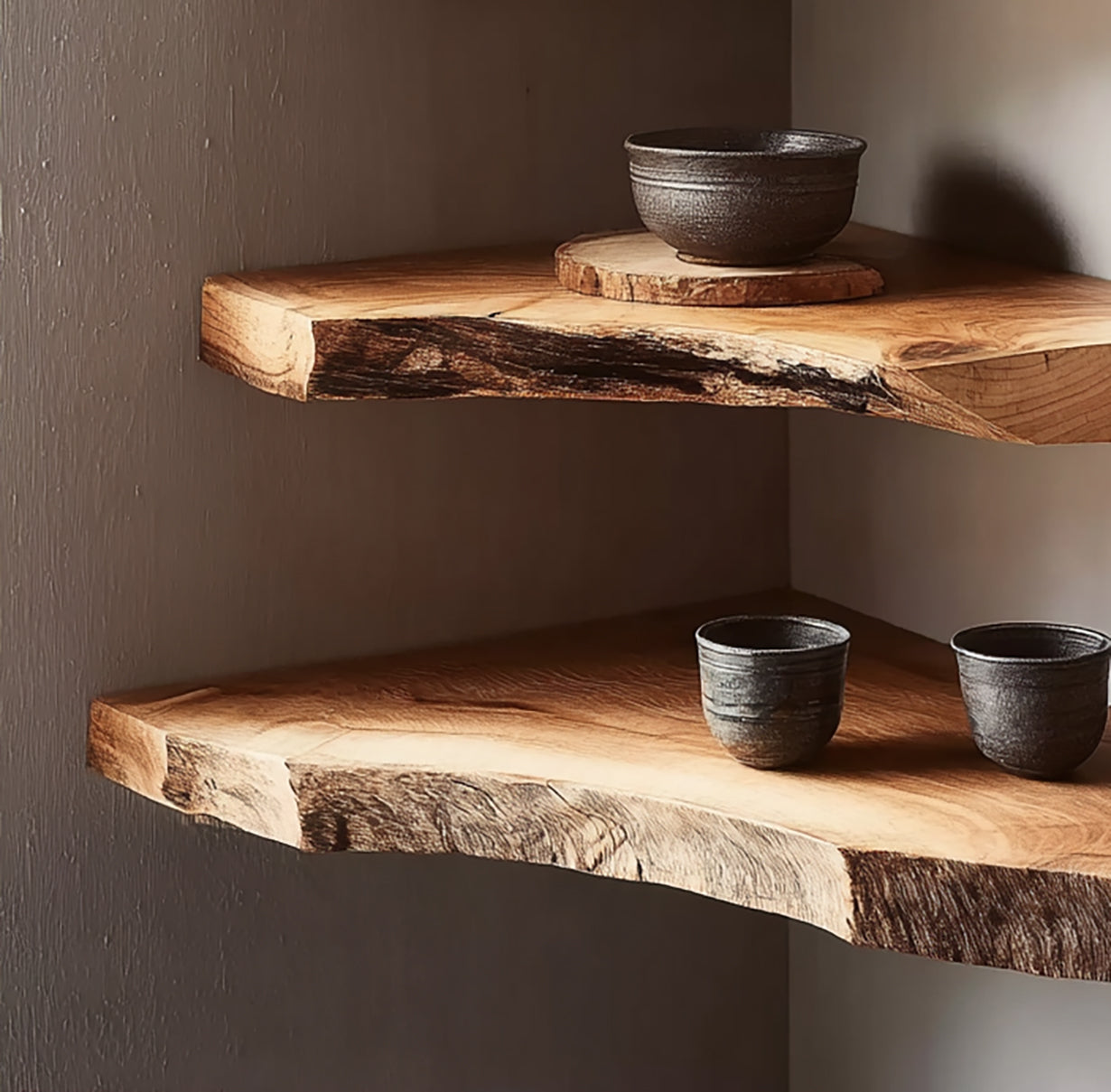 Minimalist corner with live edge wooden floating shelves holding rustic ceramic bowls and cup
