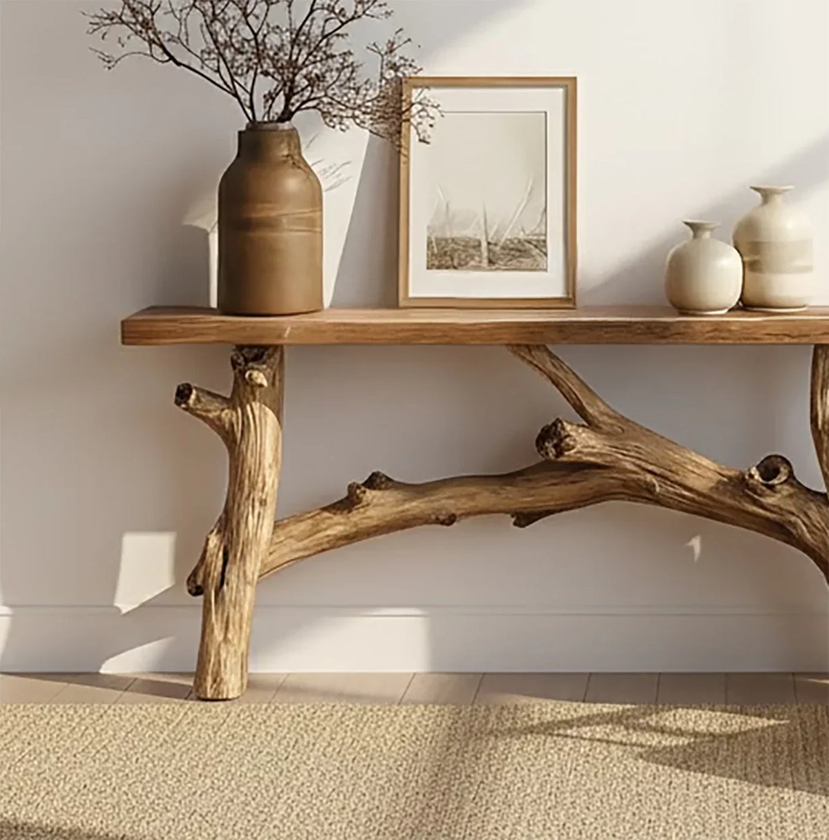 Rustic wooden console table with branch legs, brown vase with dried branches, ceramic vases, framed art