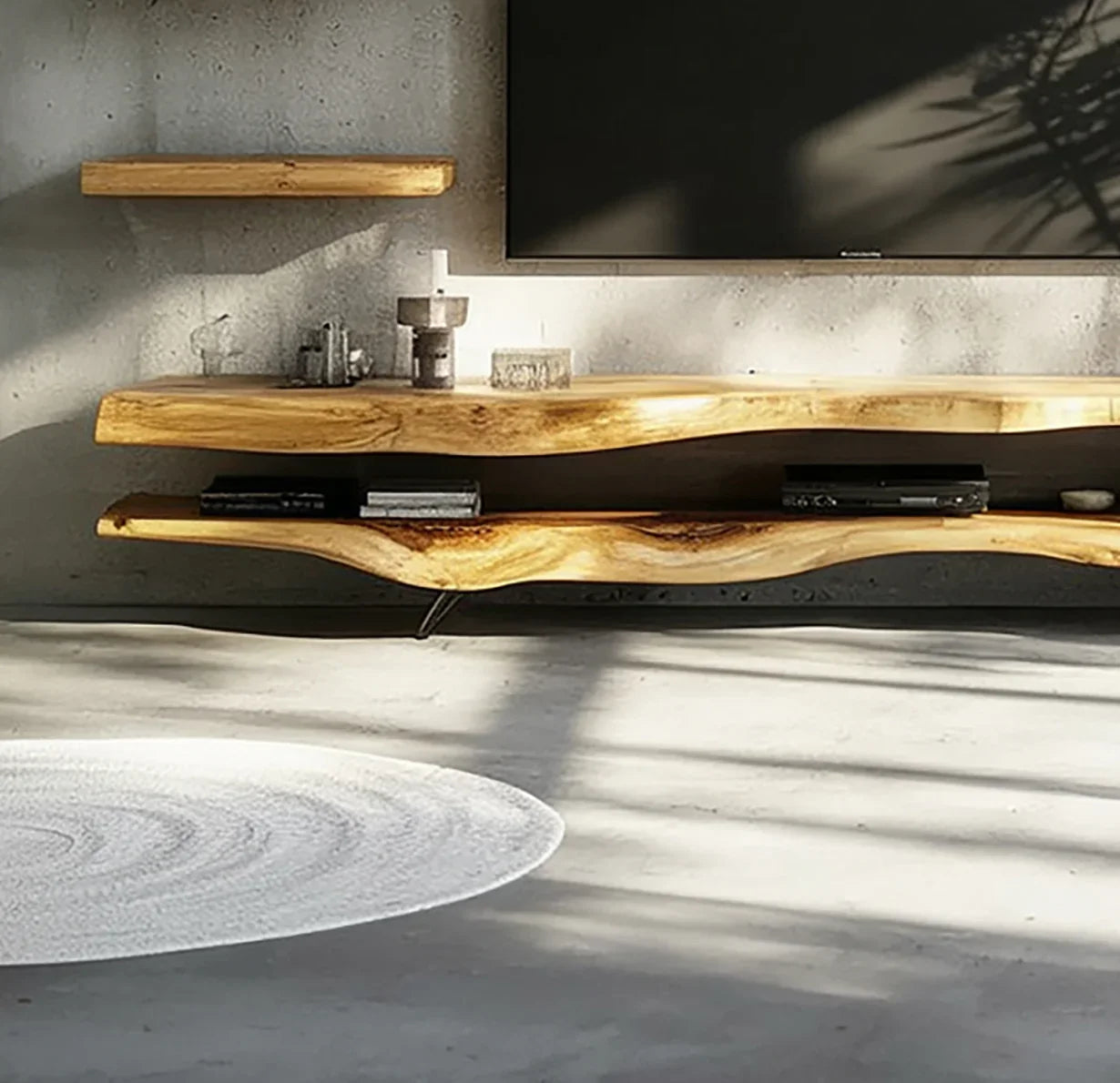 Live edge solid wood floating shelves and TV console in modern living room