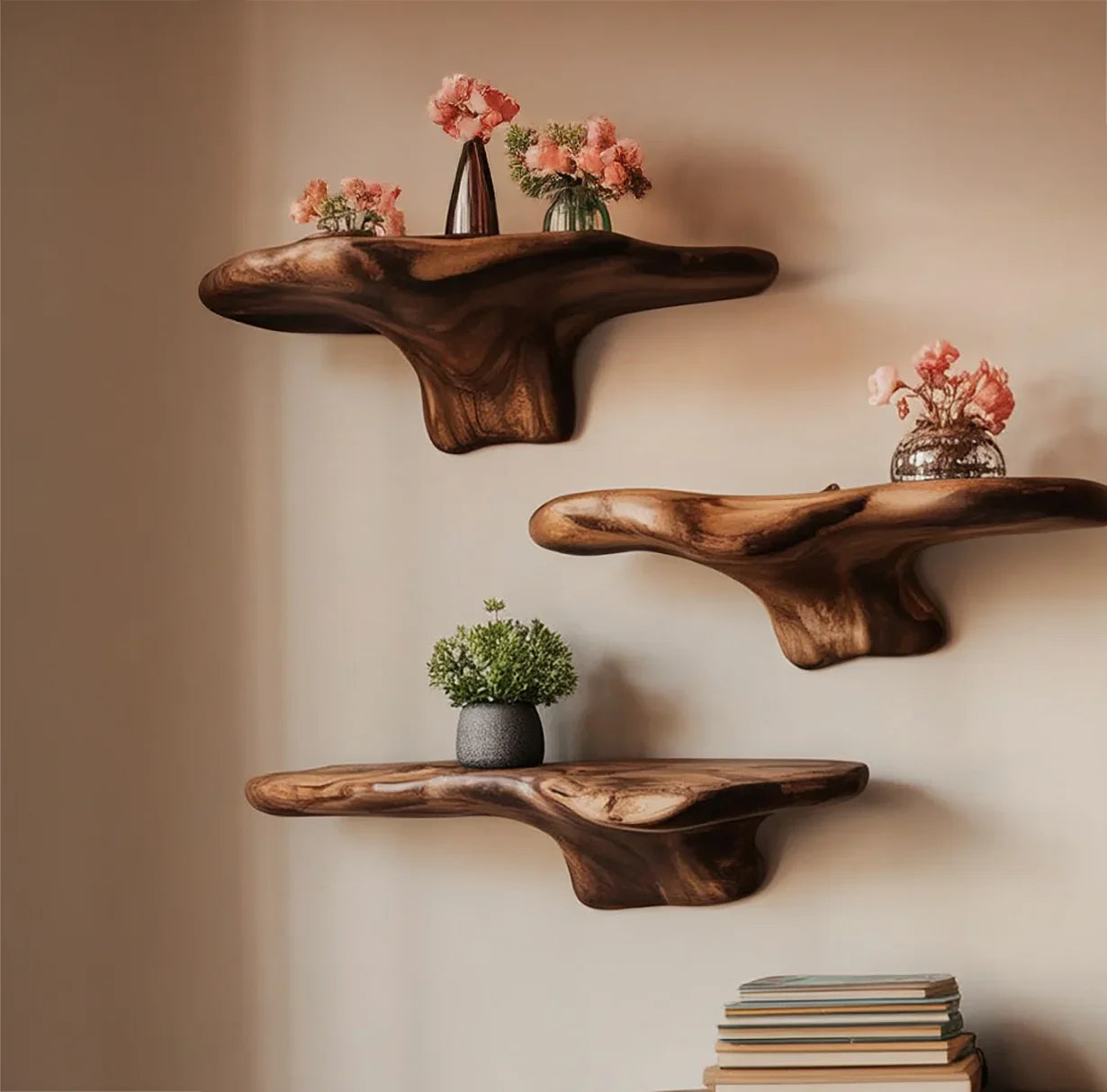 Live edge floating wooden shelves with potted plants and vases on beige wall