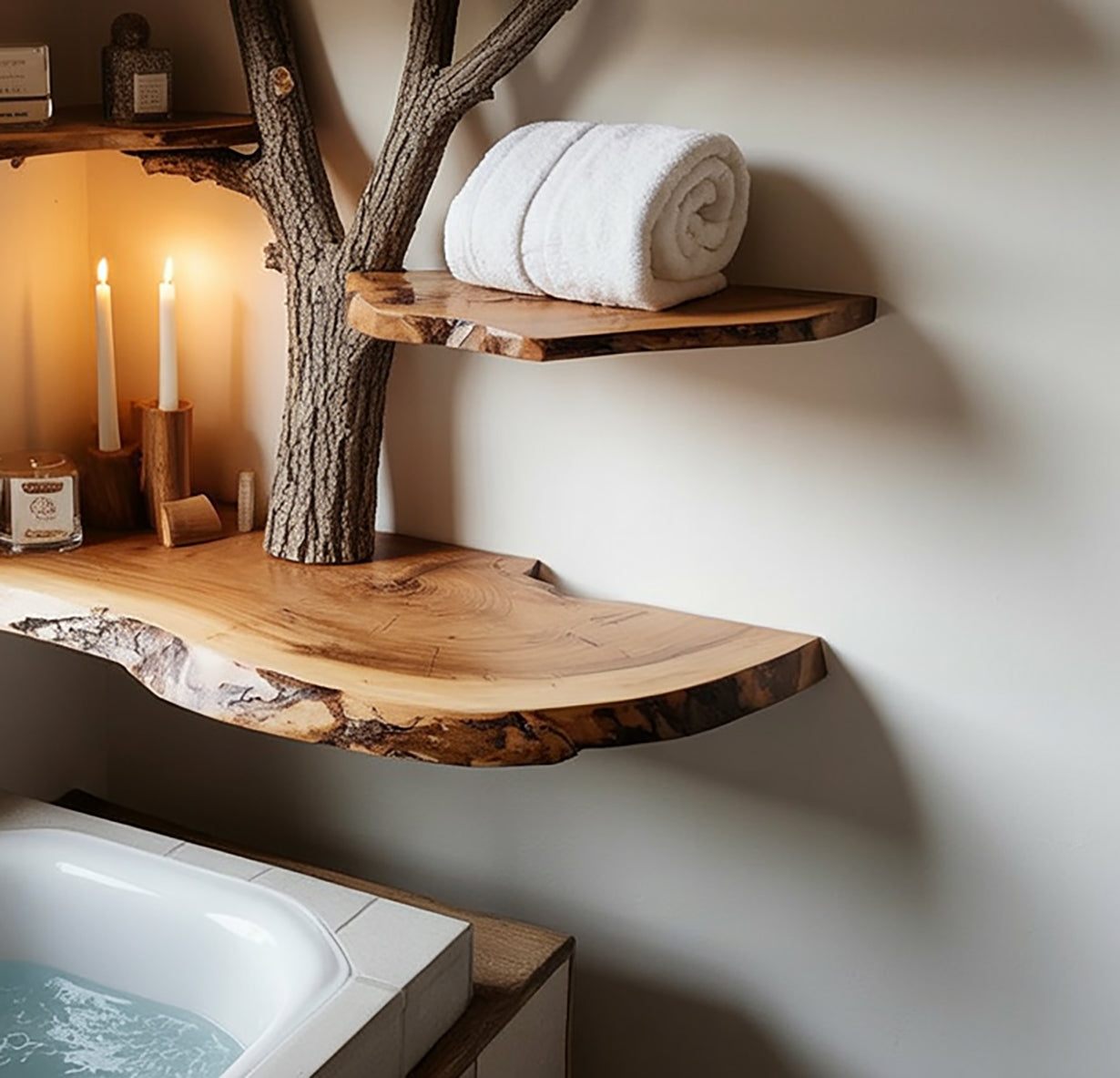 Rustic wooden shelves with tree branch support holding white towel and candles by bathtub