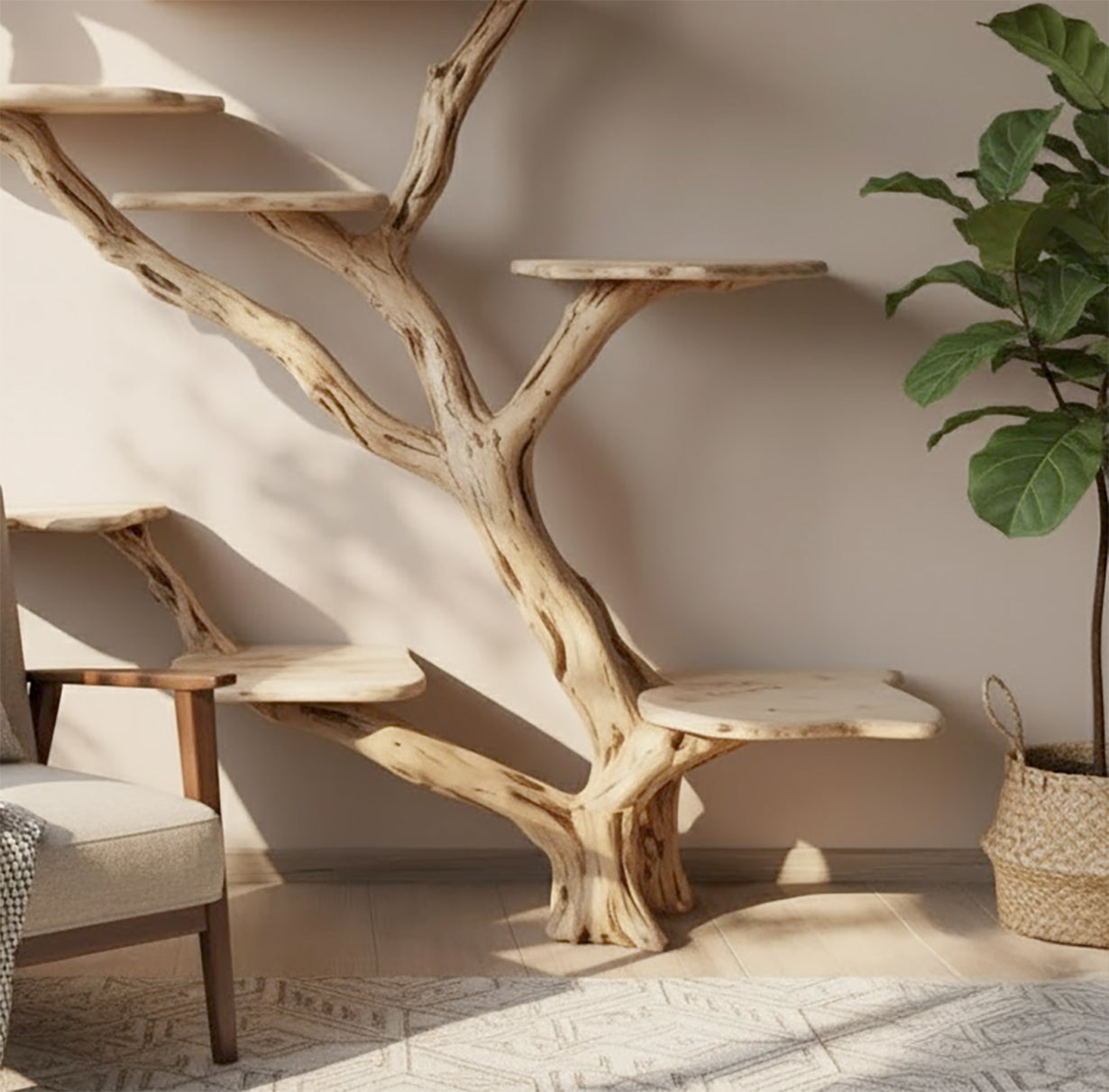 Rustic wooden cat tree with multiple platforms next to armchair and potted plant in cozy living room