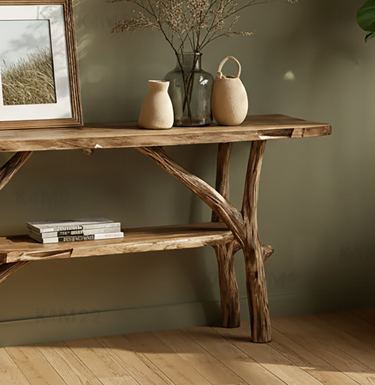 Rustic wooden console table with natural branch legs, decorative vases, and framed art in cozy room