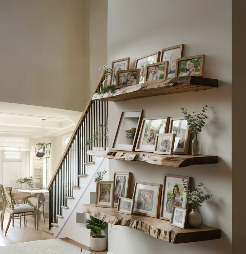 Rustic wooden shelves with framed family photos and small flower vases beside staircase in cozy home