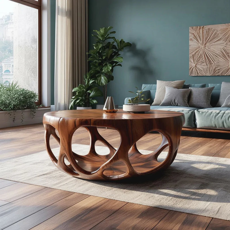 Modern living room with sculptural wooden coffee table, blue sofa, cushions, and large window with plants