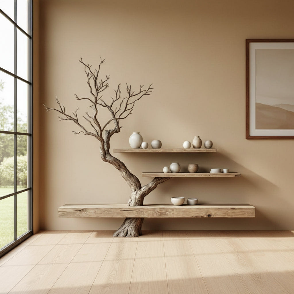Minimalist living room with natural wood tree shelves holding ceramic vases against beige wall