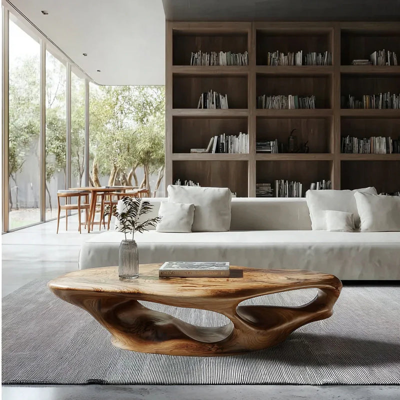 Sculpted live edge solid wood coffee table in modern living room with bookshelf and sofa