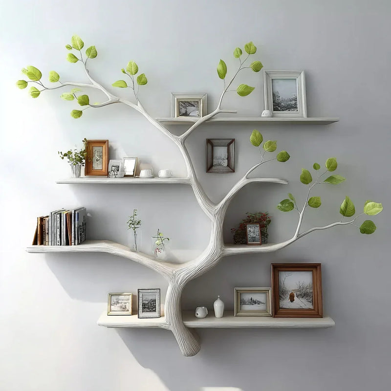 Tree-shaped floating bookshelf with green leaves, holding books, framed photos, and decor items.