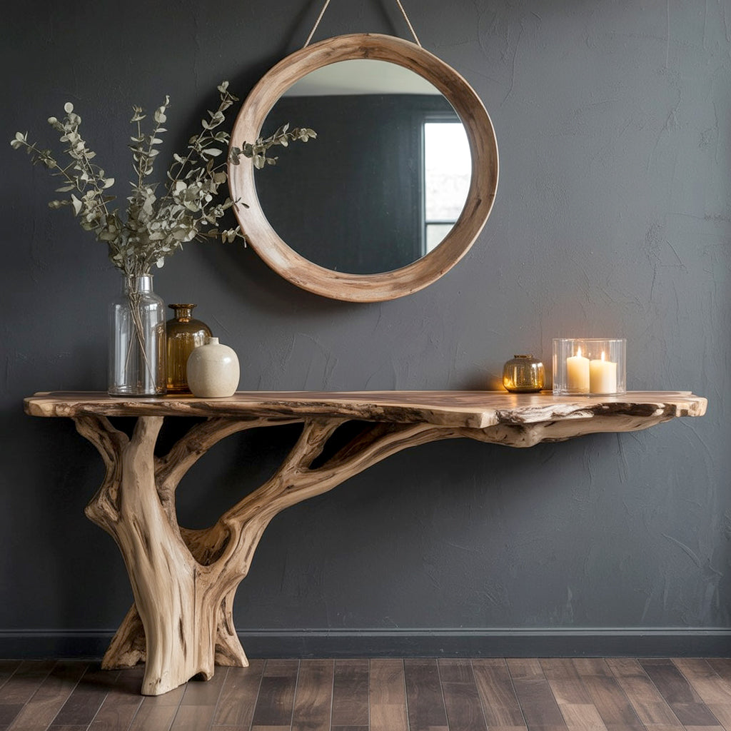 Rustic wood console table with natural edge beneath round wooden mirror against dark gray wall