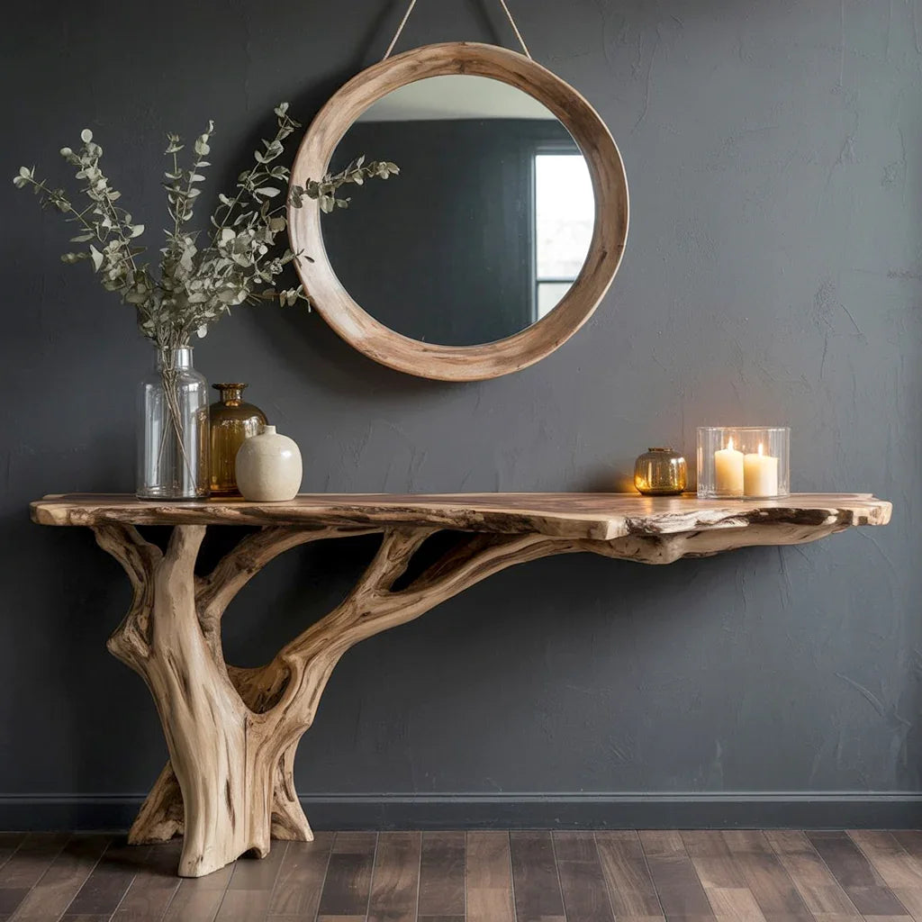 Rustic wood console table with natural edge beneath round wooden mirror against dark gray wall
