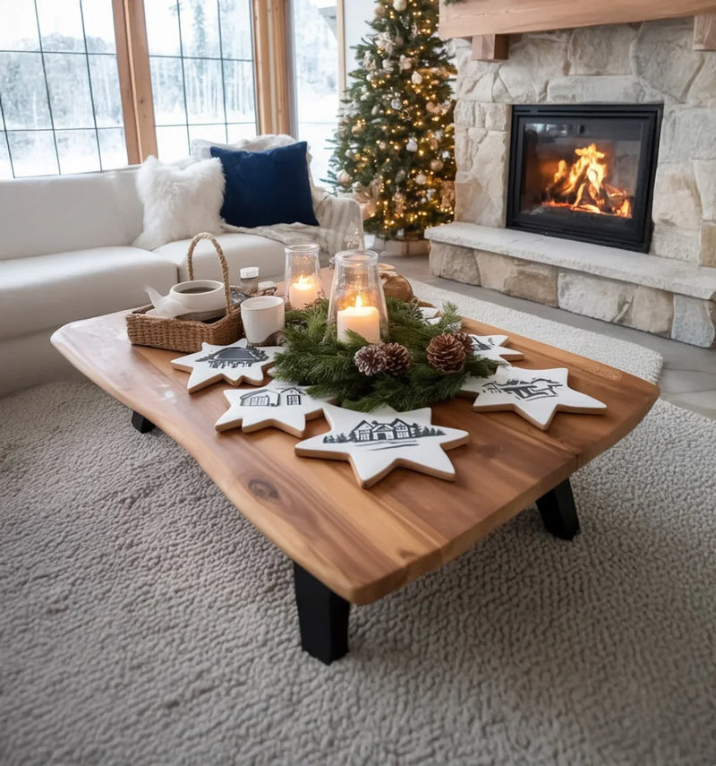 Cozy living room with wooden coffee table, Christmas decorations, lit fireplace, and white sofa