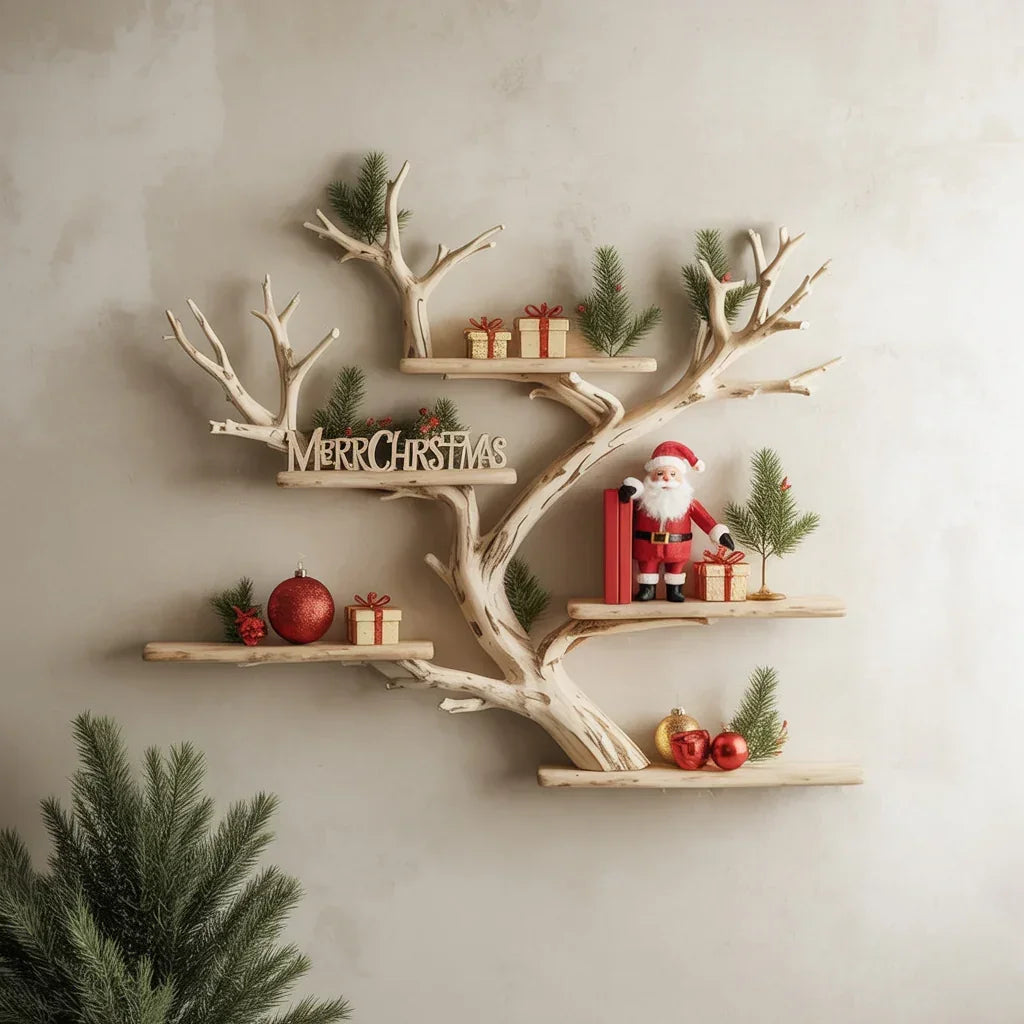 Live edge tree bookshelf with Christmas decor, Santa figurine, ornaments, and gift boxes.
