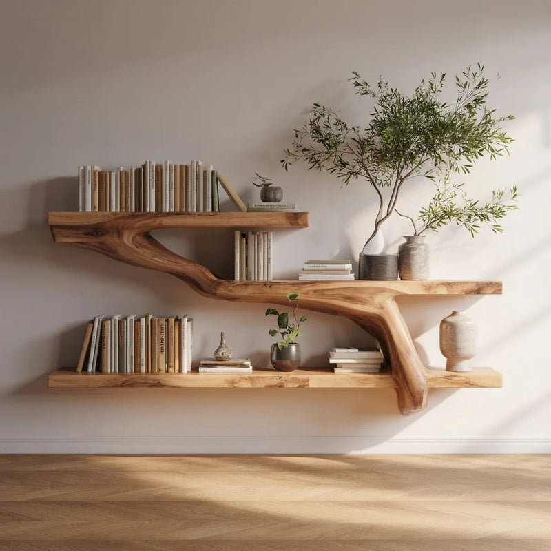 Wall-mounted wooden shelves with natural branch design holding books, potted plants, and decorative pottery