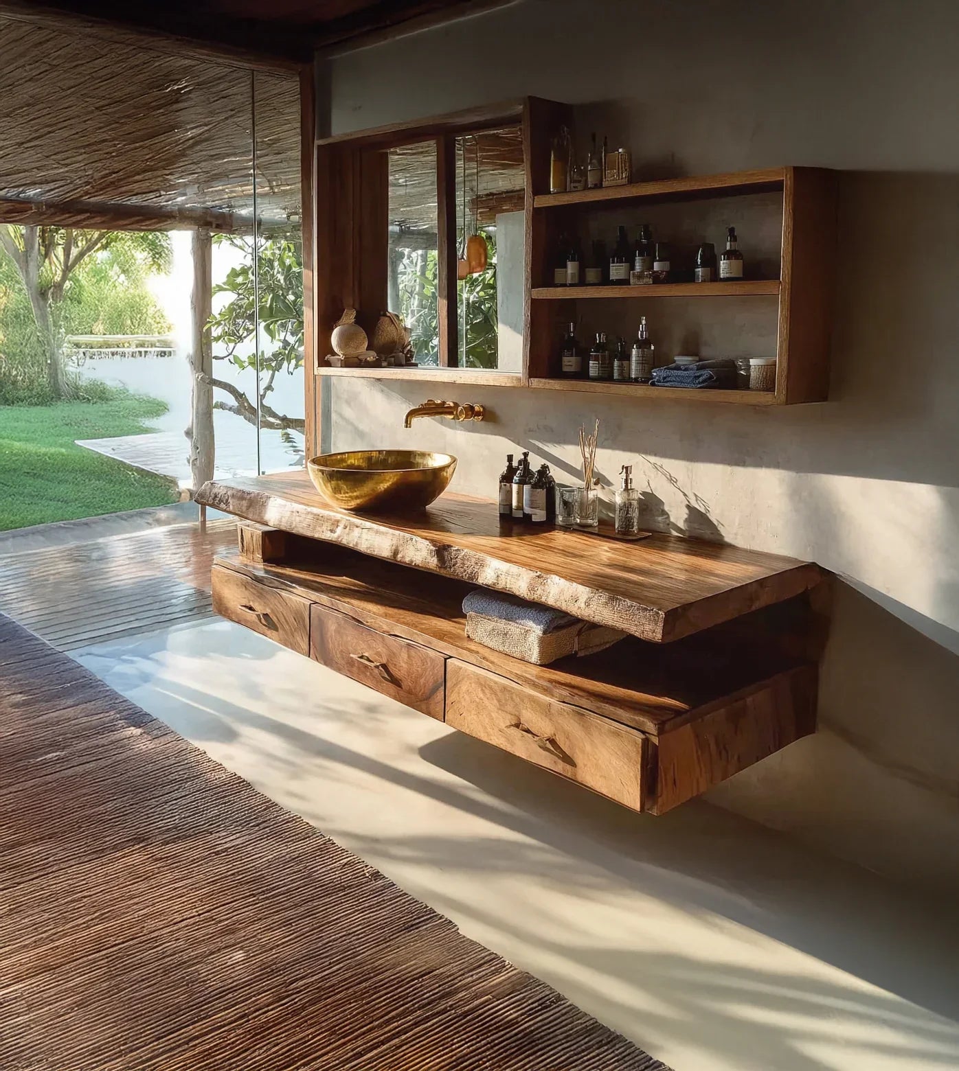 Rustic wooden bathroom vanity with brass sink and natural light from glass wall overlooking garden