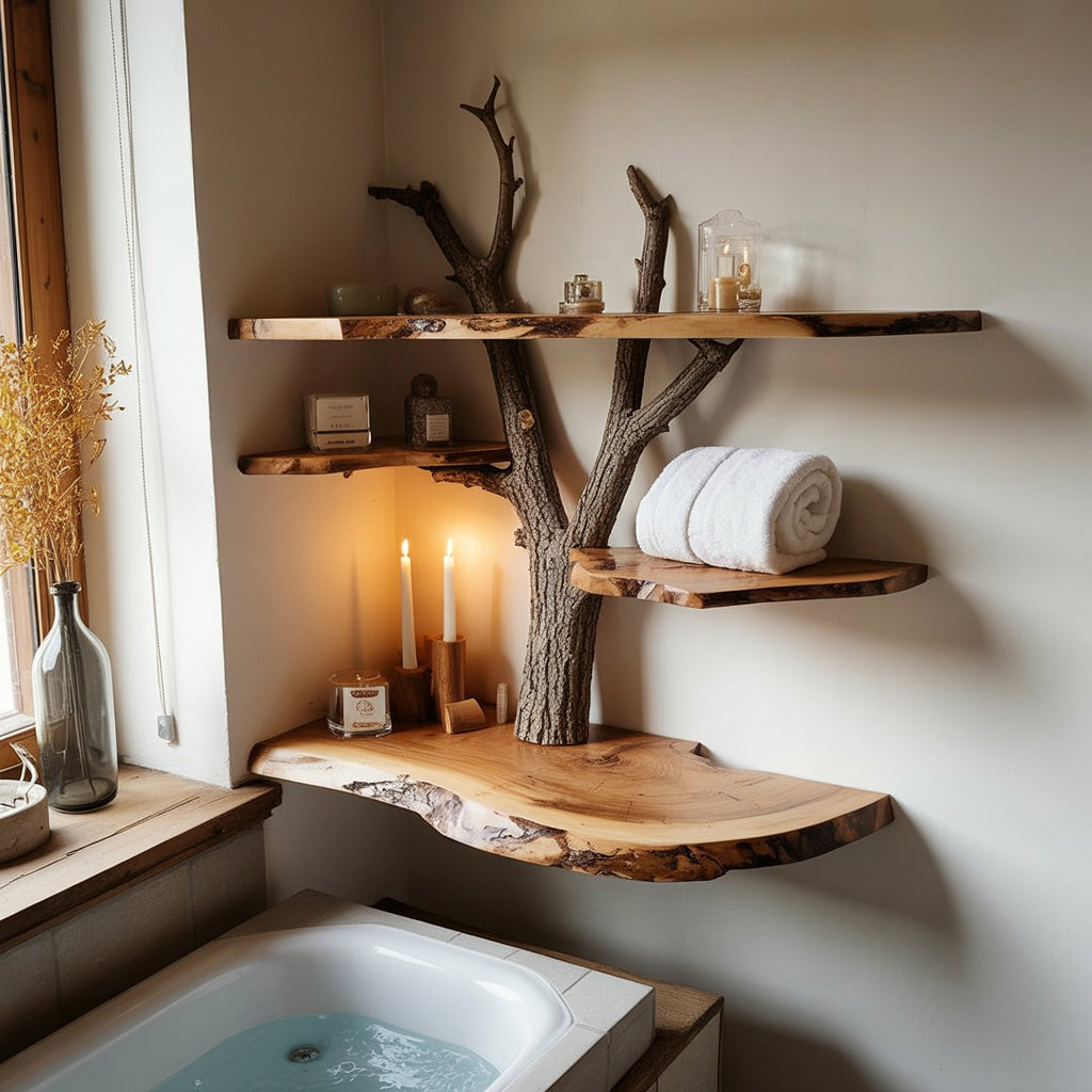 Rustic wooden tree branch shelves with candles, towels, and decor above a filled bathtub near window