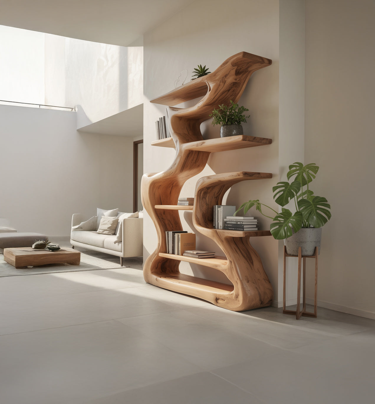 Modern living room with unique organic wooden bookshelf, beige sofa, coffee table, and indoor plants