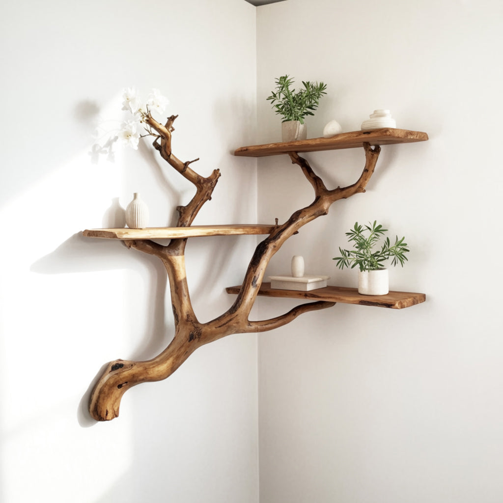 Rustic wooden branch wall shelves decorated with green plants and neutral ceramic vases in minimalist corner