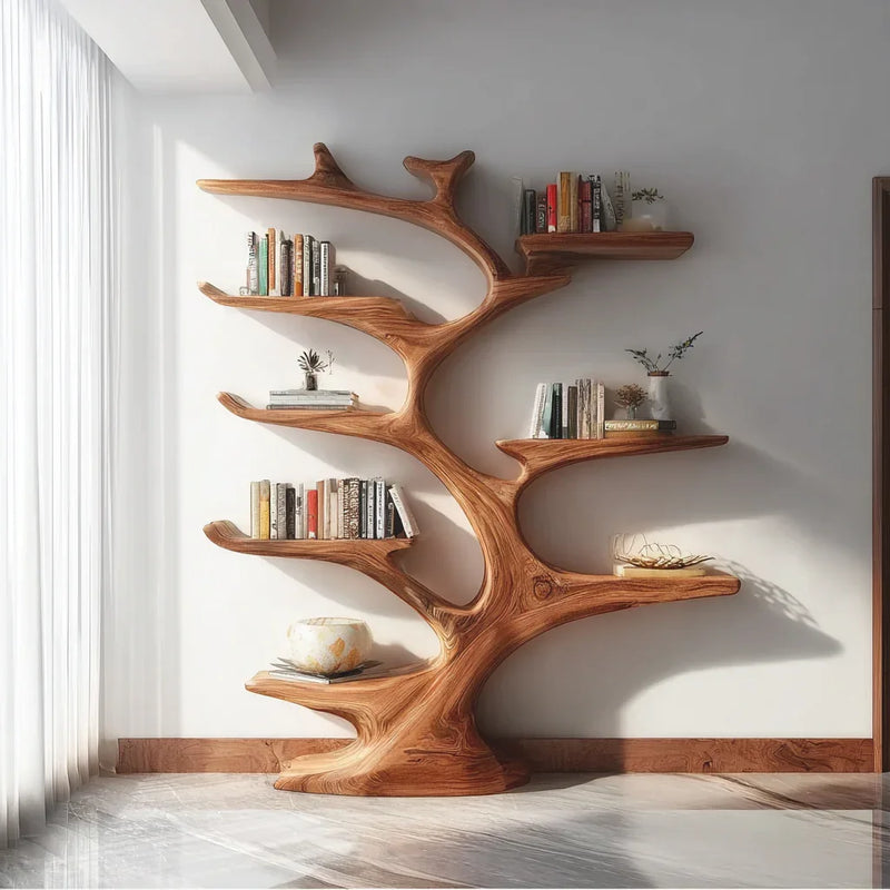 Elegant wooden bookshelf shaped like a tree with books and decorative items in a bright, modern room