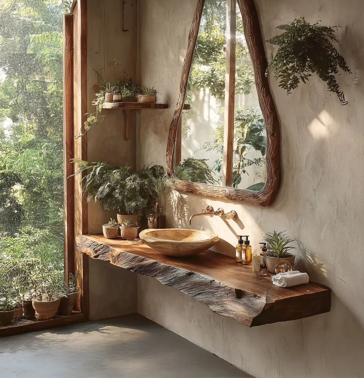 Rustic bathroom sink with live edge wooden countertop, natural stone basin, plants, and large wooden mirror