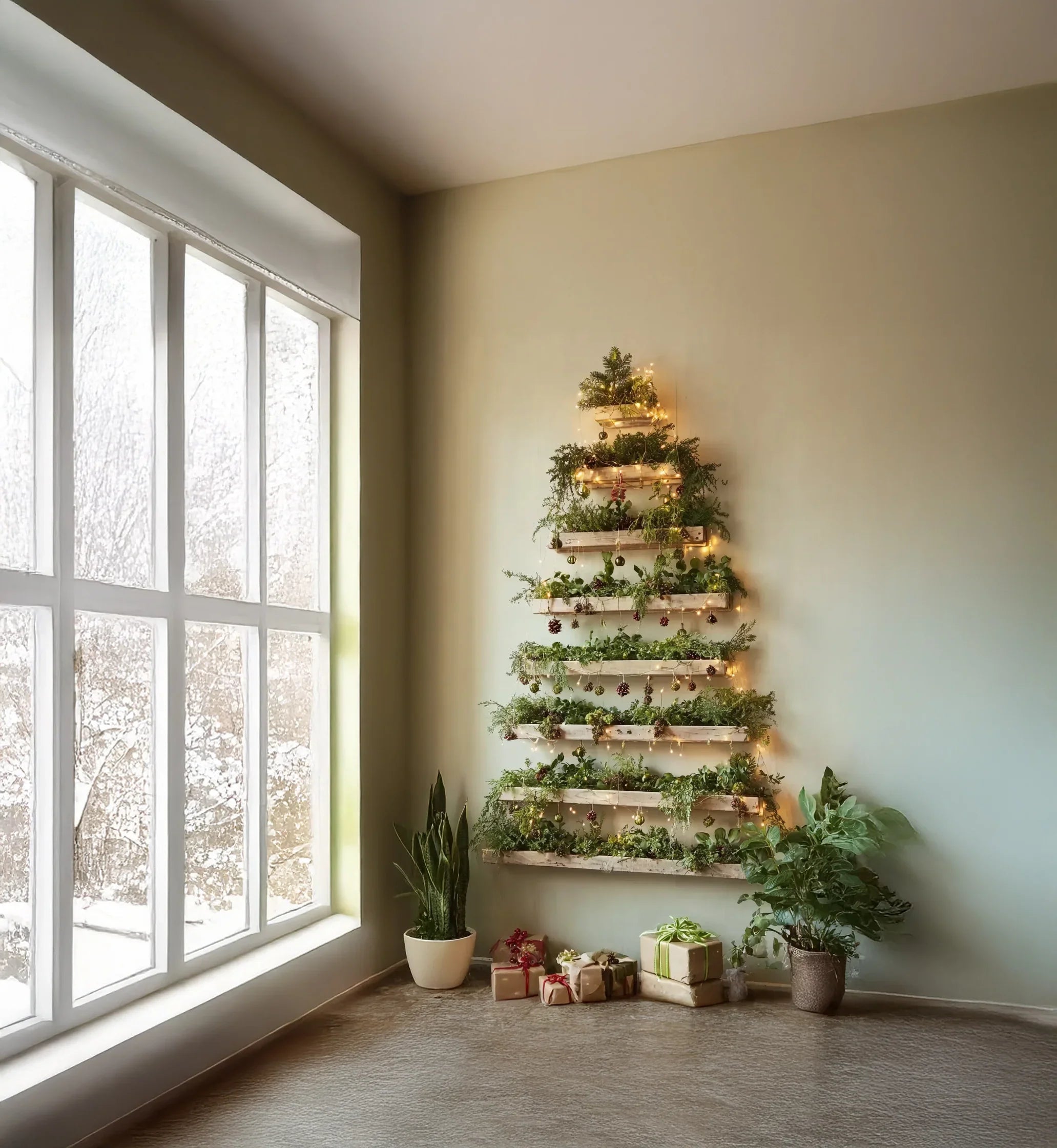 Indoor holiday scene with a modern built-in wooden Christmas tree adorned with greenery and string lights near large window