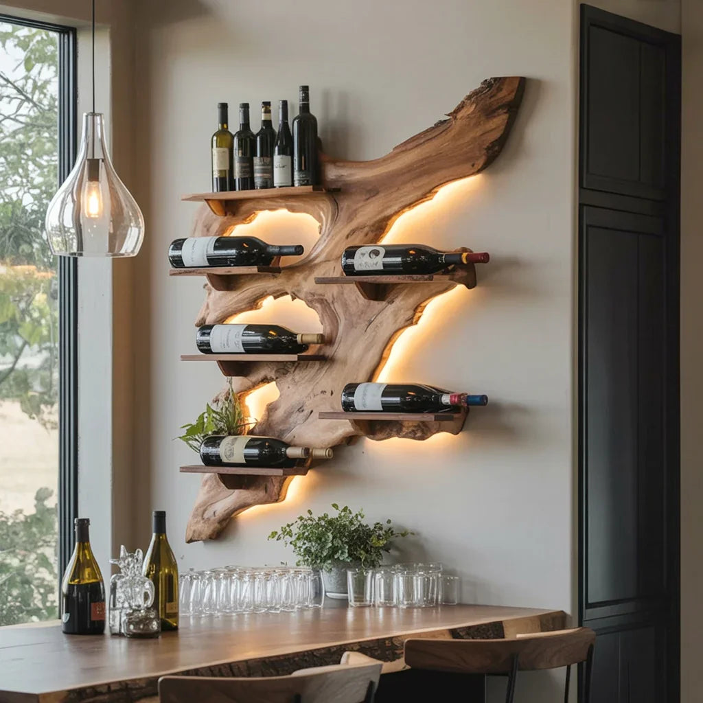 Rustic Solid Wood Wine Bottle Holder – Mid Century Wine Rack for Moder