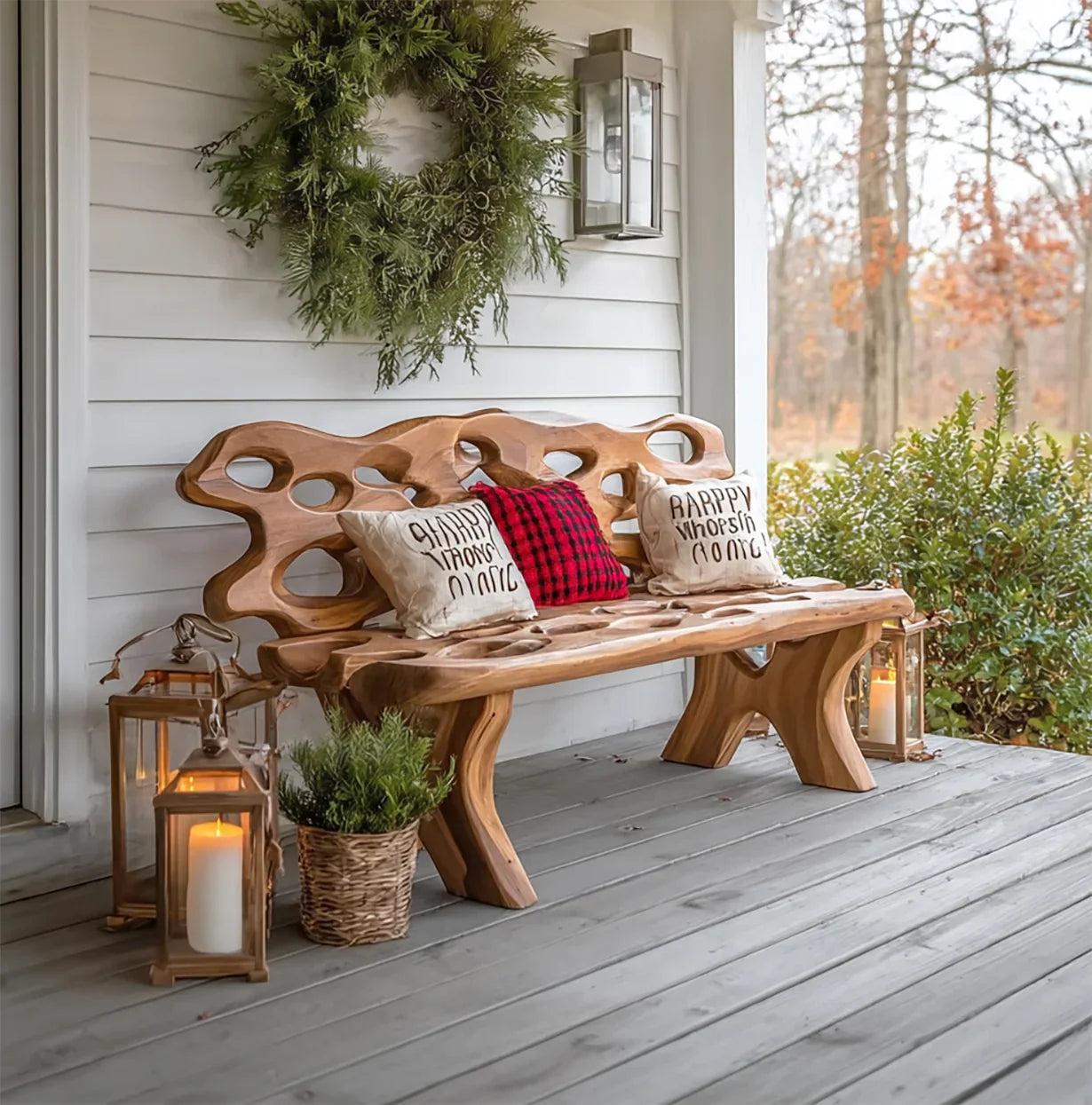 Rustic wooden bench on porch with holiday pillows, green wreath, lanterns, and potted plant