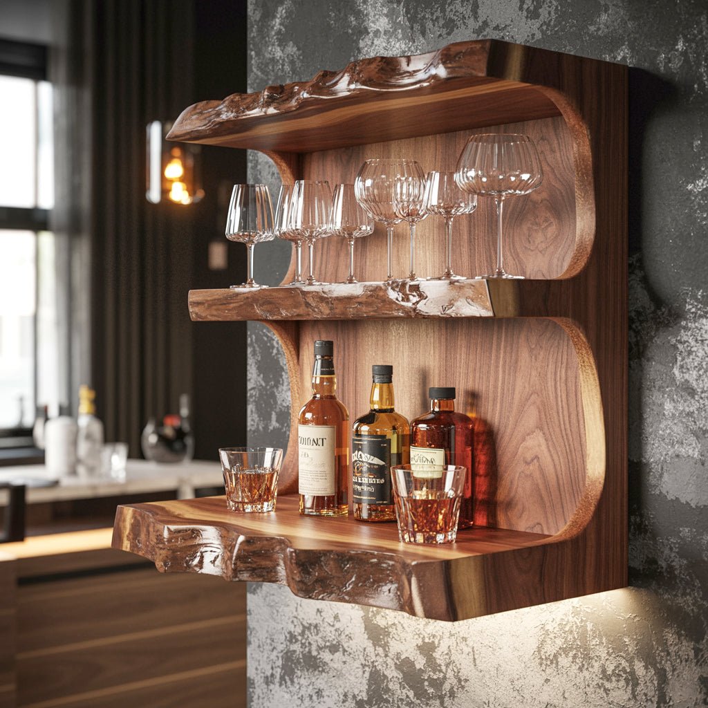 Wall-mounted live edge wood bar shelf with whiskey bottles, glasses, and ambient lighting in modern room