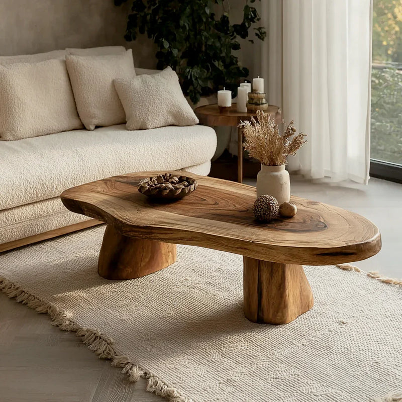 Living room with natural wood coffee table, beige textured sofa, dried plants, and candles on side table