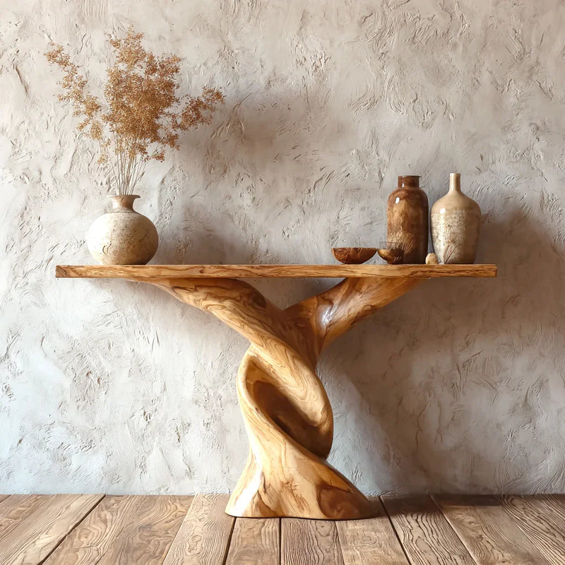 Twisted wooden console table with ceramic vases and dried flowers against textured beige wall
