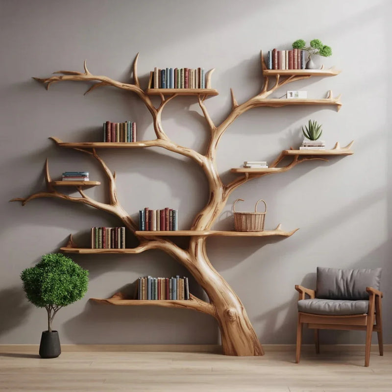 Tree branch shaped wooden wall shelves holding books, plants, basket in modern living room