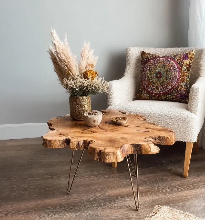 Rustic wooden live edge coffee table with dried floral arrangement and white armchair with patterned pillow
