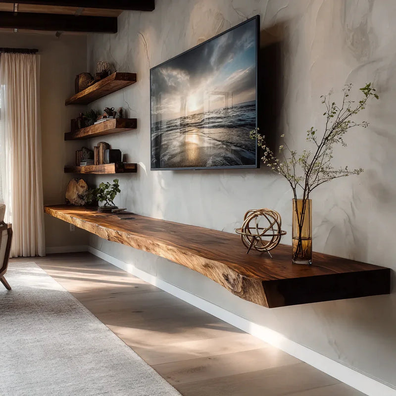 Modern living room with floating live edge wood shelf, wall-mounted TV, and decorative items