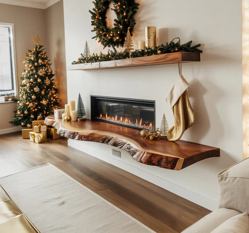 Modern living room with wooden mantel fireplace, Christmas tree, wreath, gold decor, and stockings
