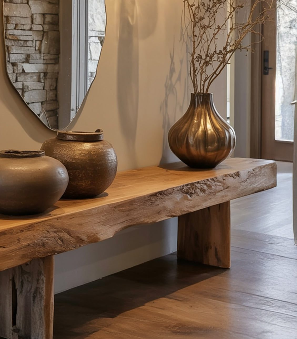 Rustic wooden bench with decorative bronze vases and dried branches in modern interior