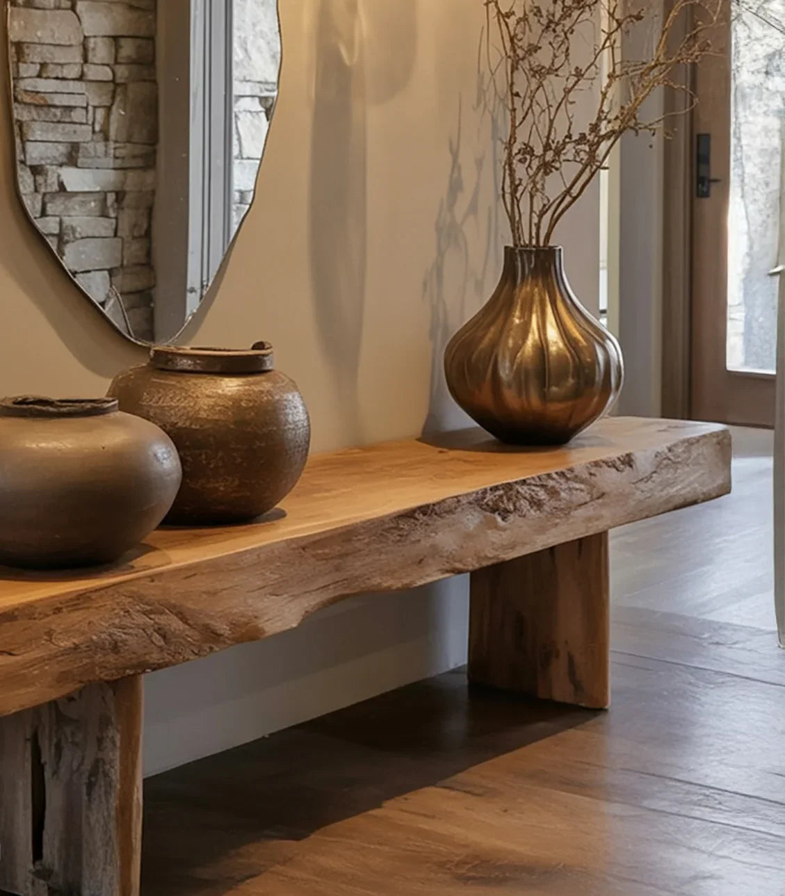 Rustic wooden bench with decorative bronze vases and dried branches in modern interior