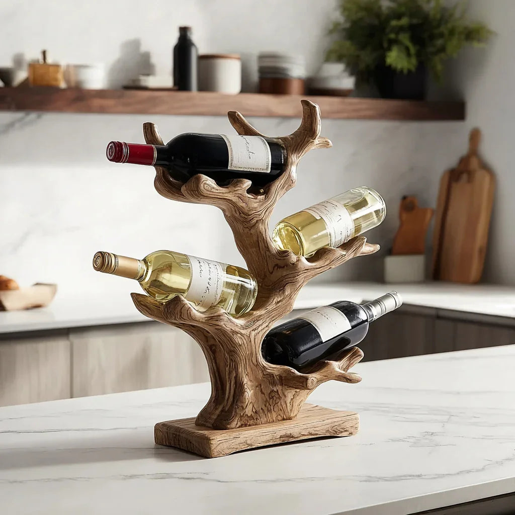 Wooden tree-shaped wine rack holding four bottles of red and white wine on kitchen marble countertop