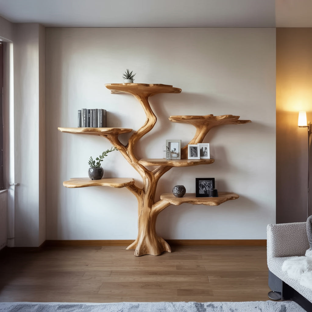 Unique wooden tree-shaped wall shelf with books, plants, and framed photos in modern living room
