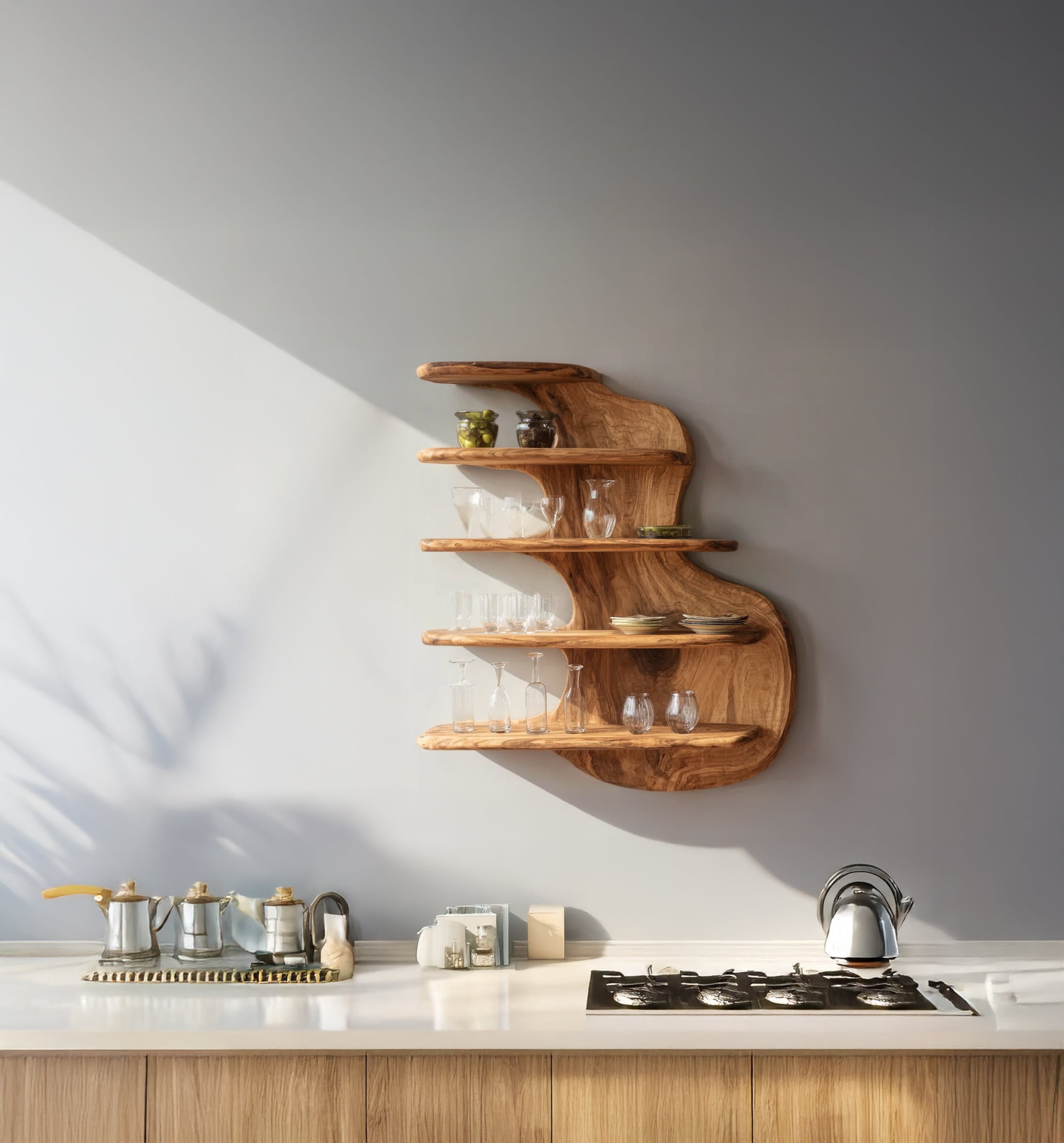 Modern kitchen countertop with wooden shelves holding jars, glassware, kettle, and cookware