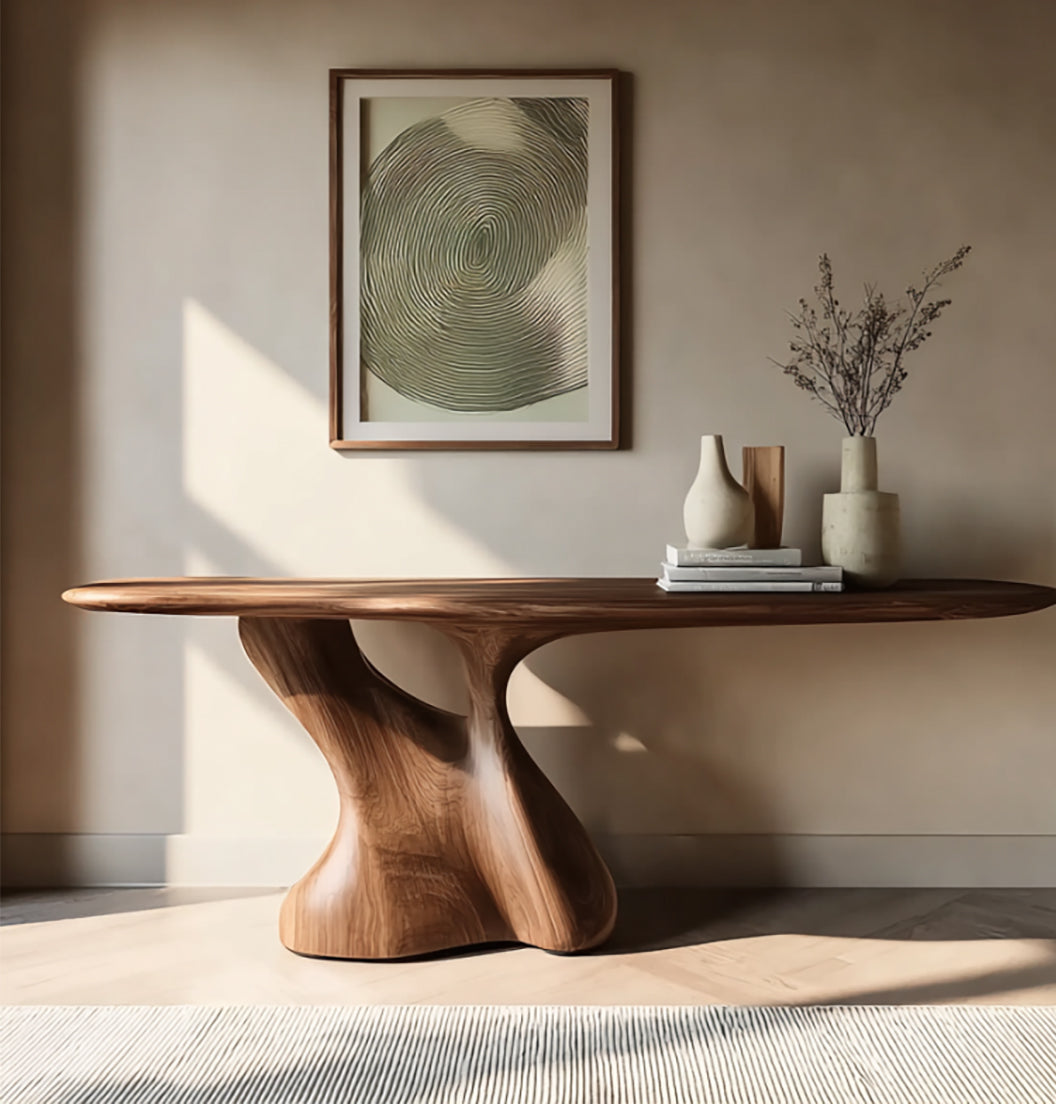 Modern wooden table with sculptural base in minimalist room, abstract wall art, and decorative vases