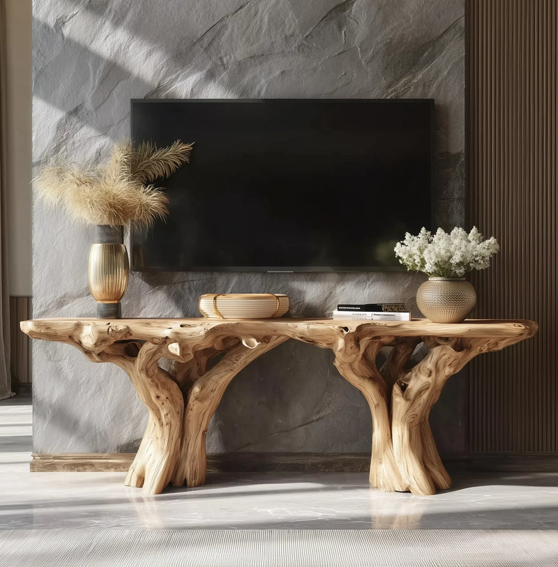 Live edge solid wood console table with natural tree base, styled in modern living room