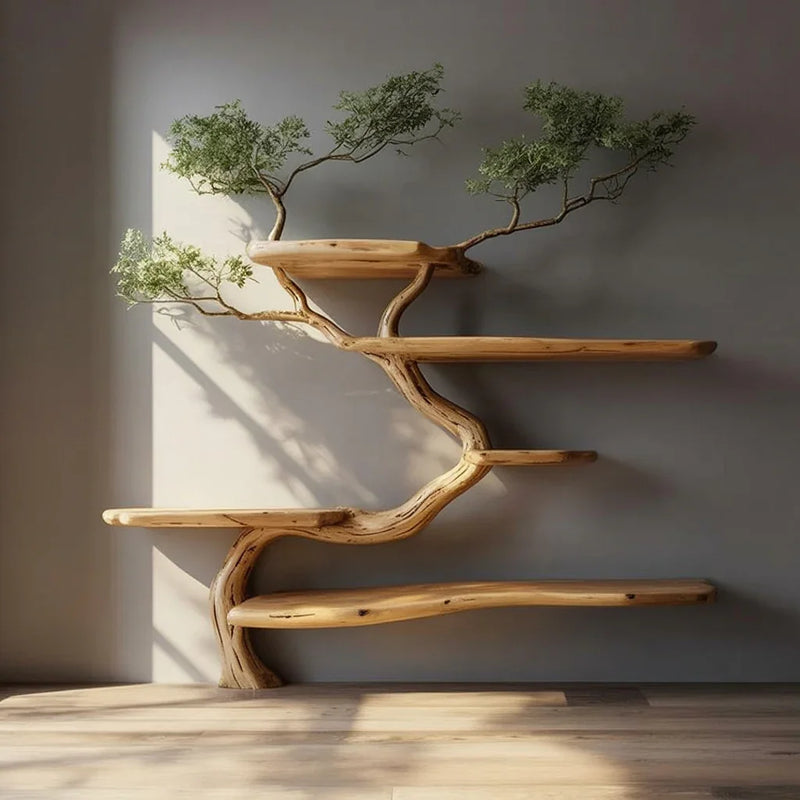 Live edge wooden tree bookshelf with branch shelves and green foliage, minimalist wall decor