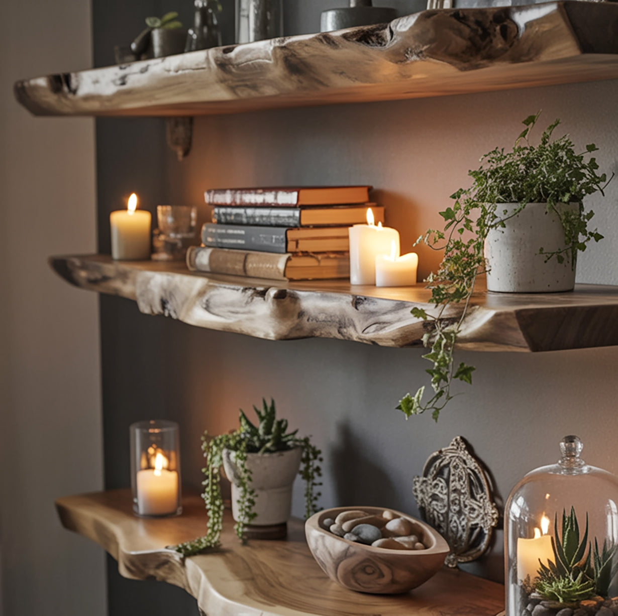 Wooden floating shelves with lit candles, stacked books, potted plants, and decorative stones