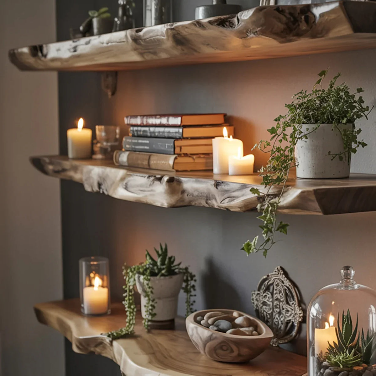Wooden floating shelves with lit candles, stacked books, potted plants, and decorative stones