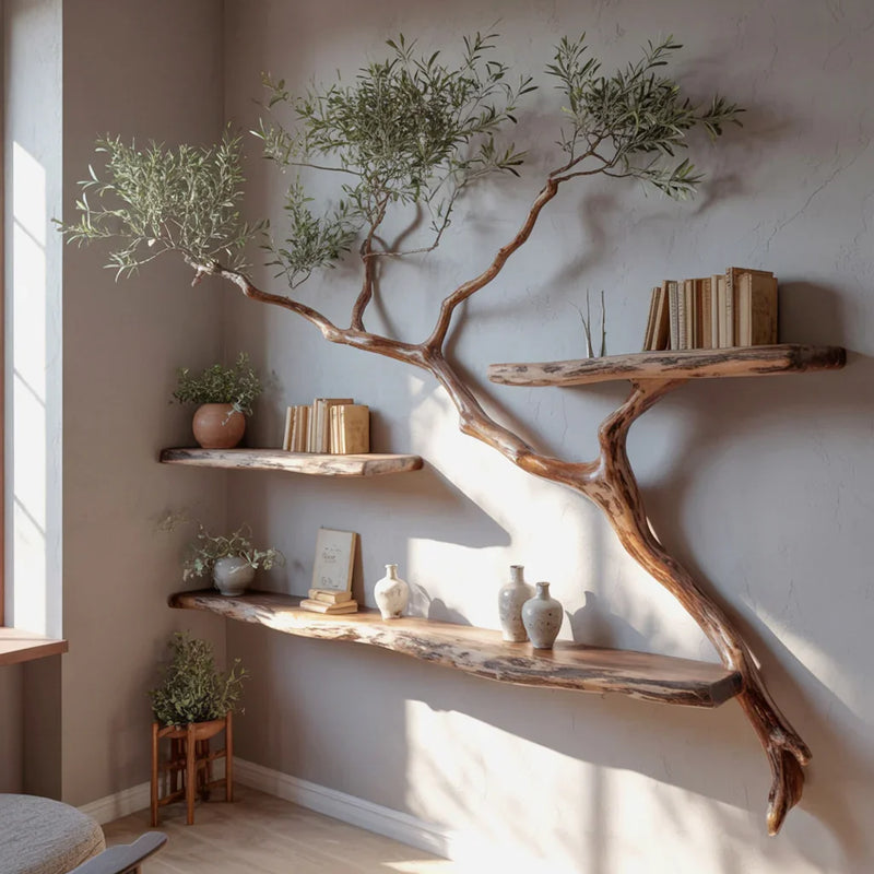 Natural wood wall shelves shaped like tree branches with books, potted plants, and vases in a bright corner